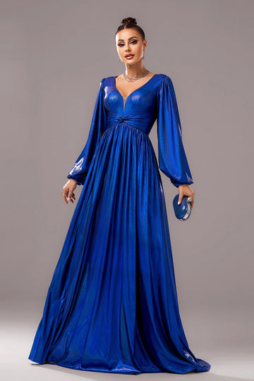 Bleu royal trapèze col en V manches longues plissé Robe longue formelle